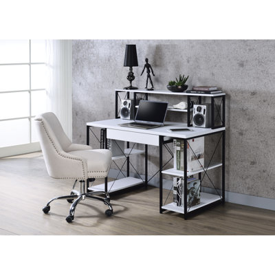 Bureau blanc avec rangement spacieux et tablettes fixes pour un espace de travail efficace Tiroir spacieux à structure métallique robuste