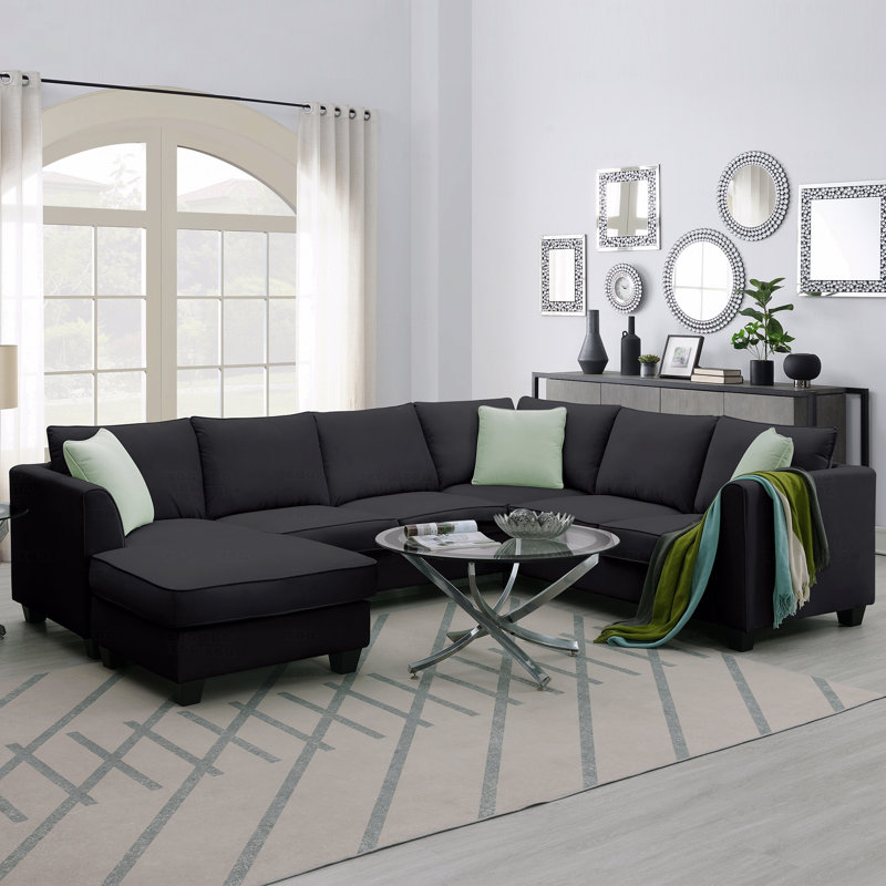 Canapé modulaire Basic, ensembles de salon avec canapé-lit, canapé modulaire 7 places avec repose-pieds, ensemble de canapé d'angle en tissu en L avec 3 coussins décoratifs