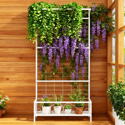 Tall Metal Plant Stand With Trellis And Hanging Bar For Climbing Vines And Flowers, Indoor Outdoor Vertical Garden Organizer