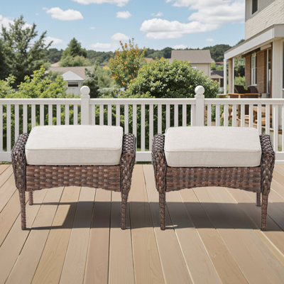 Outdoor PE Wicker Ottomans Set Of 2, Patio Brown Rattan Footrests With Beige Cushion For Backyard Or Deck
