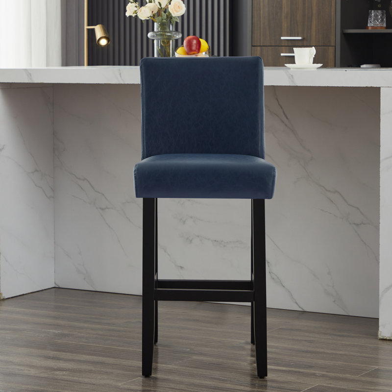 Upholstered Bar Stool With Solid Wood Frame, Blue/Faux Leather, 2, Bar Stool (29” Seat Height)