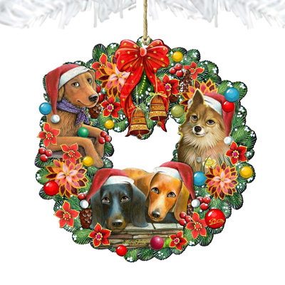 Christmas Friends Puppy Wreath Wooden Ornament by G. DeBrekht and L. Seeley
