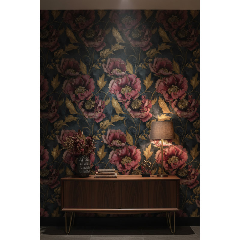 Papier peint floral, décoration murale rétro foncée