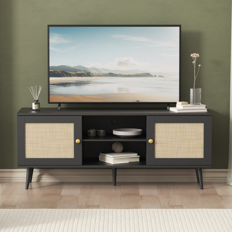 Rattan Tv Stand For 50/55/60 Inch Tv, Boho 53" Entertainment Center With Storage, Modern Mid Century Media Console With Rattan Doors And Adjustable Shelf, Wood Tv Stand For Living Room, Black