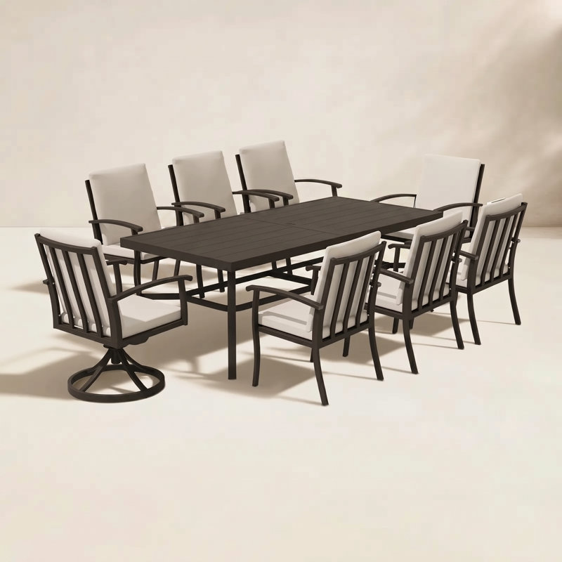Colby Aluminum Patio Dining Set With 2 Swivel Dining Chairs, Dining Chairs And Washable Cushions, Dark Brown, 8