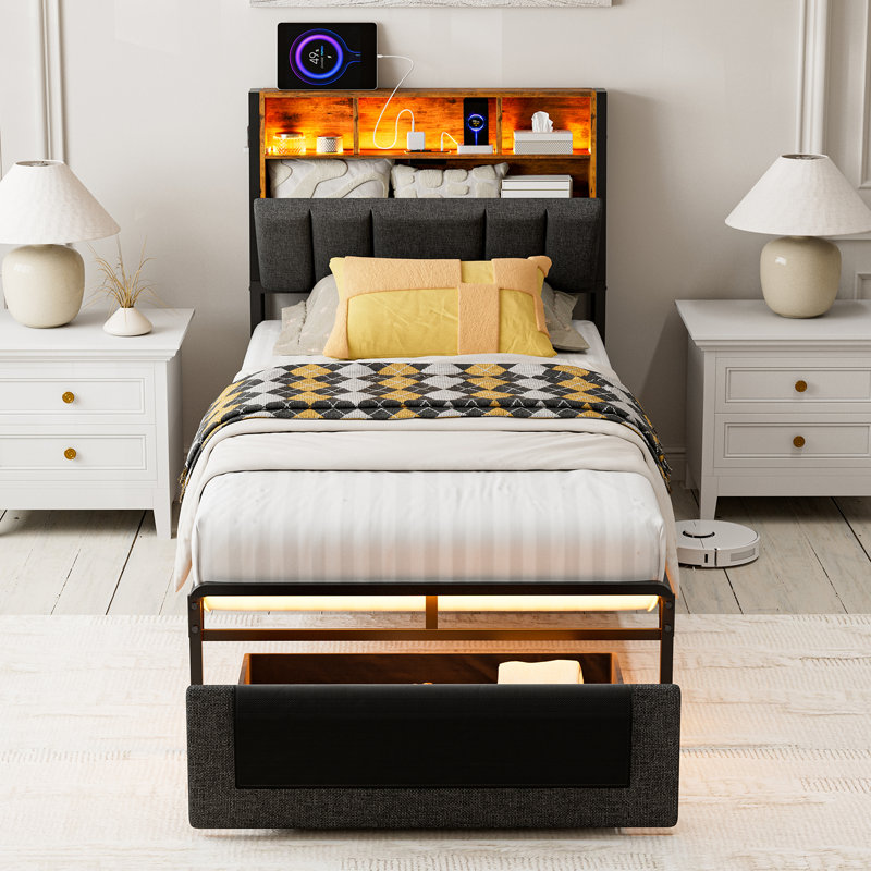 Ivy Bronx Bed Frames With Dustproof Storage Drawer, Ergonomic Hidden Storage Headboard With Charging Station, Upholstered Led Platform Bed, No Box Spring Needed, Easy Assembly