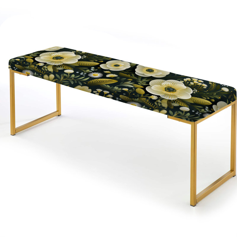 Floral Upholstered Gold Bench, Classic Green Harmony Bouquet