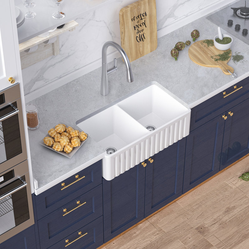 Belfry Kitchen Flournoy 455mm W Double Bowl Ceramic Kitchen Sink 0