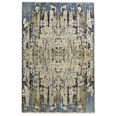 Tapis unique brun / beige / bleu de 6 pi 1 po x 9 pi à motif patiné