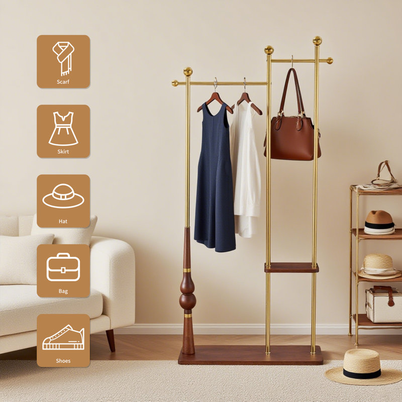 Solid Wood & Stainless Steel Freestanding Coat Rack Hanger With Storage, Gold