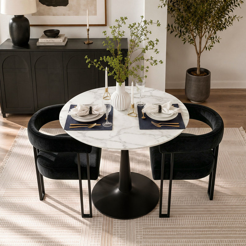 Ensemble de table de salle à manger pour 2 personnes avec table ronde et 2 fauteuils rembourrés en velours, Black