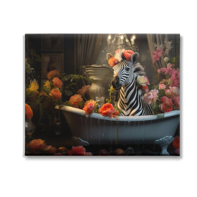 " Zebra Bathing With Florals " by Lazar Studio, 16" H x 20" W