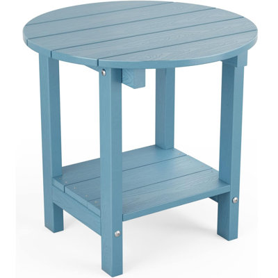 18" Round Outdoor Side Table HIPS Adirondack Table with Storage Shelf 2-Tier Plastic Adirondack End Table for Patio, Backyard or Balcony, Blue