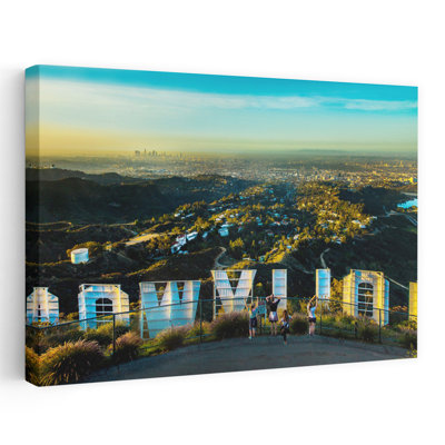 Friends Taking Pictures Behind The Hollywood Sign City Of Los Angeles Los Angeles County California Usa Tranquil Abstract Contemporary City Mountai...