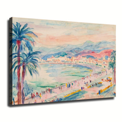 Mediterranean Coastal City Beach Palm Trees Watercolor Painting, Large Gallery Wrapped Canvas Wall Art Print For Living Room Bedroom