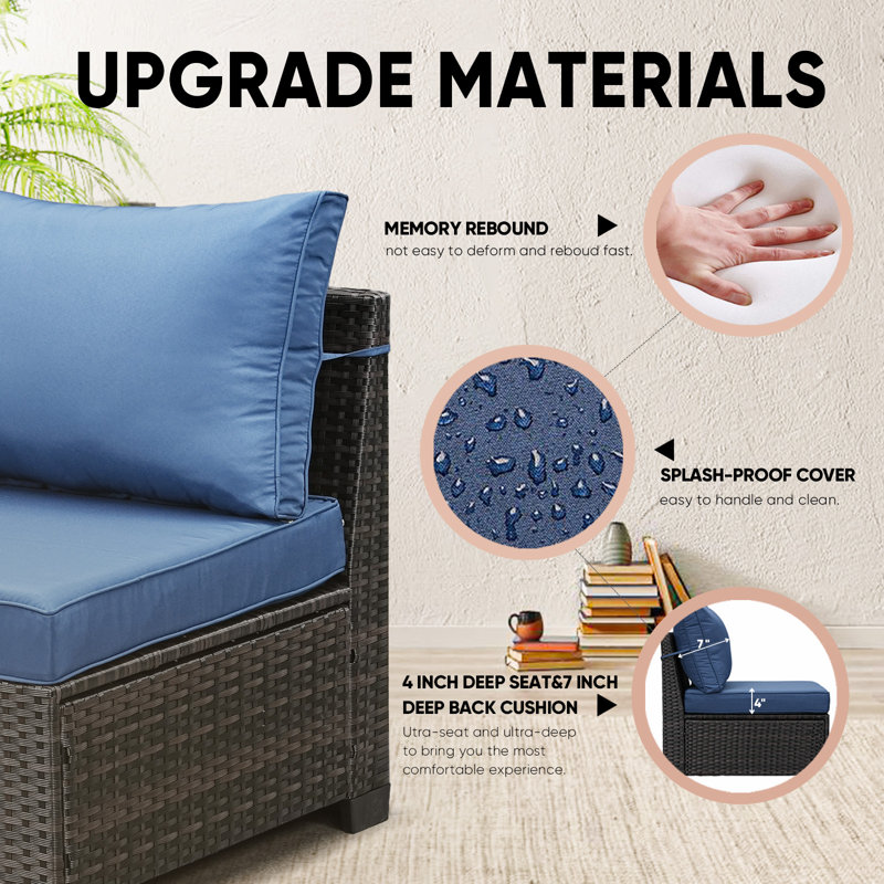 Matusow 5 - Person Patio Conversation Set with Cushions, 5 Pcs: Table, 3 Sofas, Ottoman, Navy