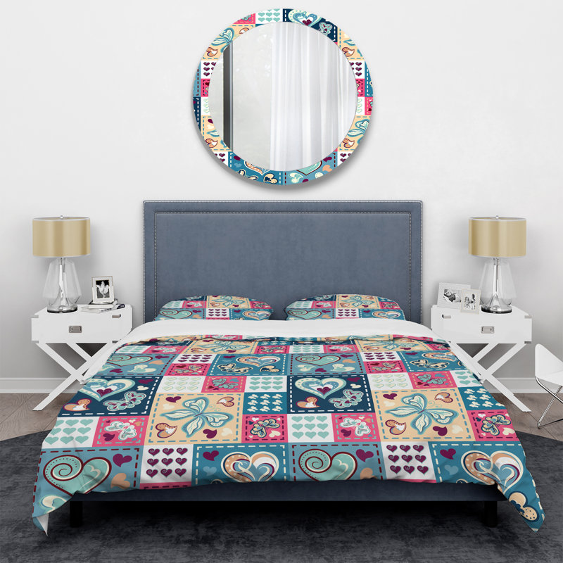 Multicolor Heart Patchwork Polyester Patchwork Duvet Cover, King Duvet Cover + 2 King Shams