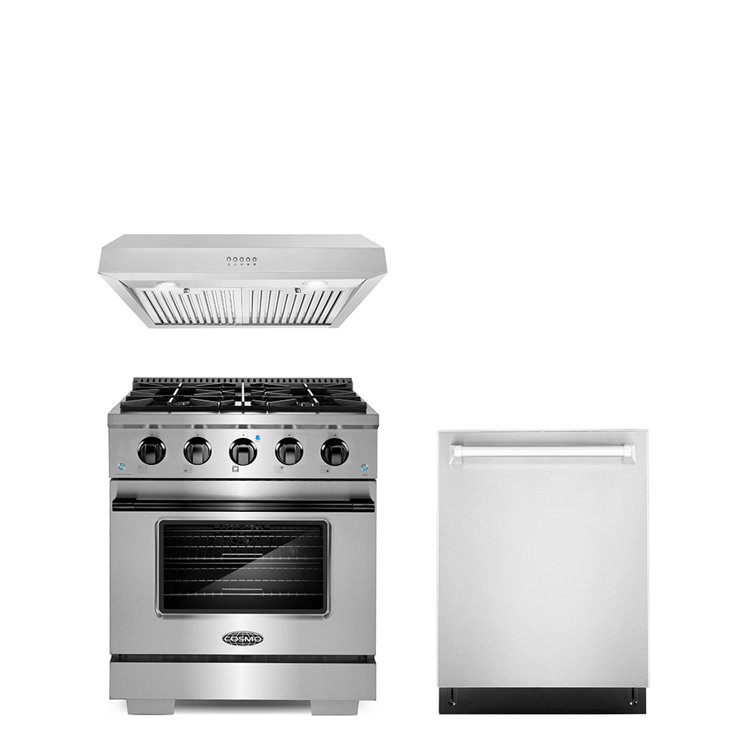 3 Piece Kitchen Package With 30" Freestanding Gas Range With Custom Handle And Knob Kit 30" Under Cabinet Range Hood 24" Built-in Fully Integrated Dishwasher