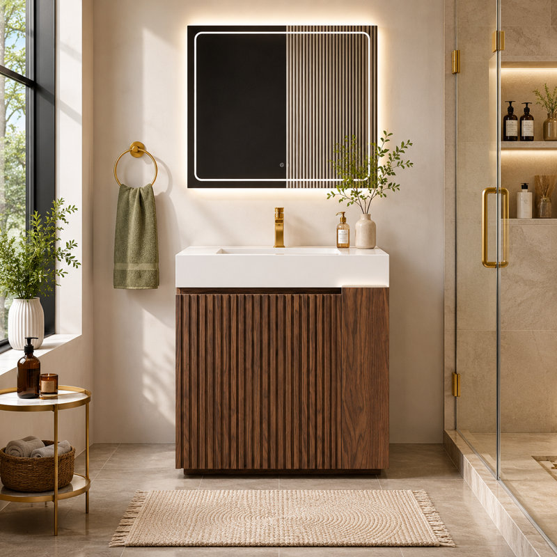Meuble-lavabo autoportant en noyer Winston de 36 po avec lavabo à quartz intégré Lumene, conception à panneau cannelé, portes à fermeture en douceur, tablette ouverte à droite, options de lavabo blanc / noir, armoire de salle de bain moderne