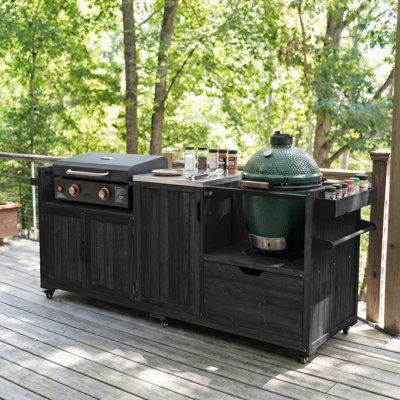 K&K 80.5" Outdoor Kitchen Island for Big Green Egg& Blackstone Griddle, Solid Wood Grill Cart Table with Stainless Steel Top, Drawer for Large Big Green Egg and 21"/28" Blackstone Griddle, Black