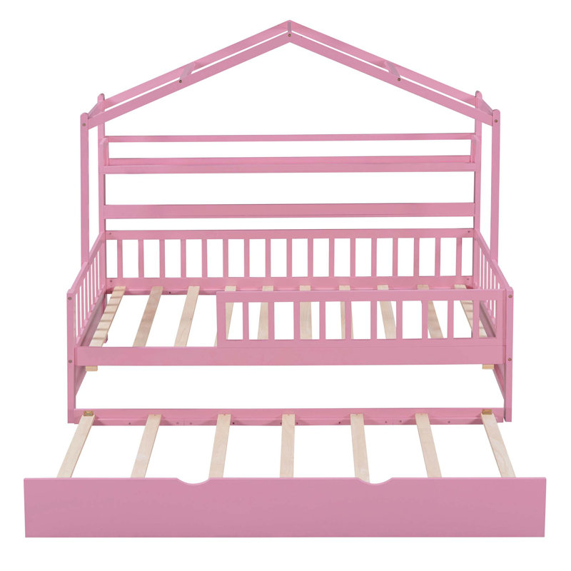 Cincinnatus Wooden House Bed with Trundle and Shelf, Full, Pink