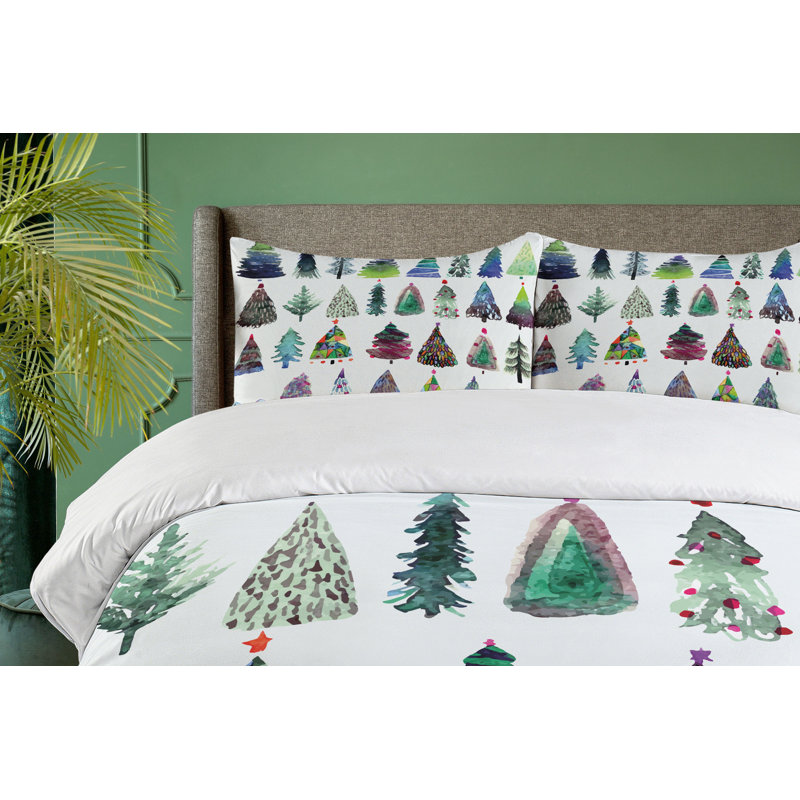 King Size Watercolor Christmas Fir Trees Duvet Cover Set