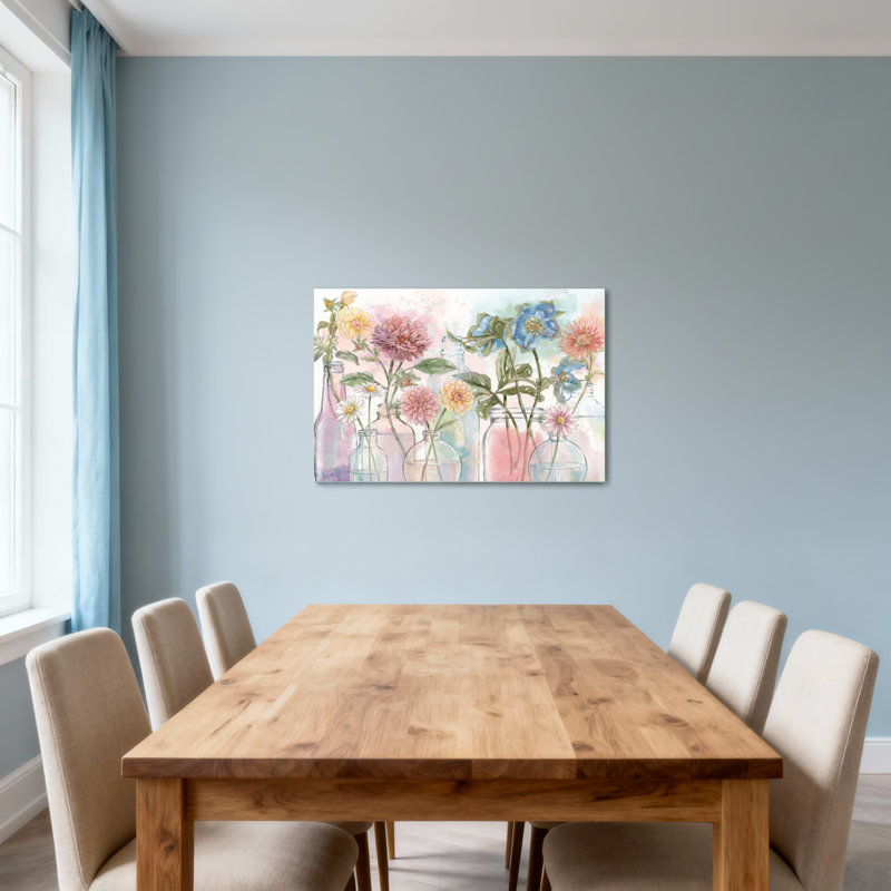 Arrangement floral de plantes et de fleurs dans des bouteilles en verre, style aquarelle, H 16 po x l 24 po