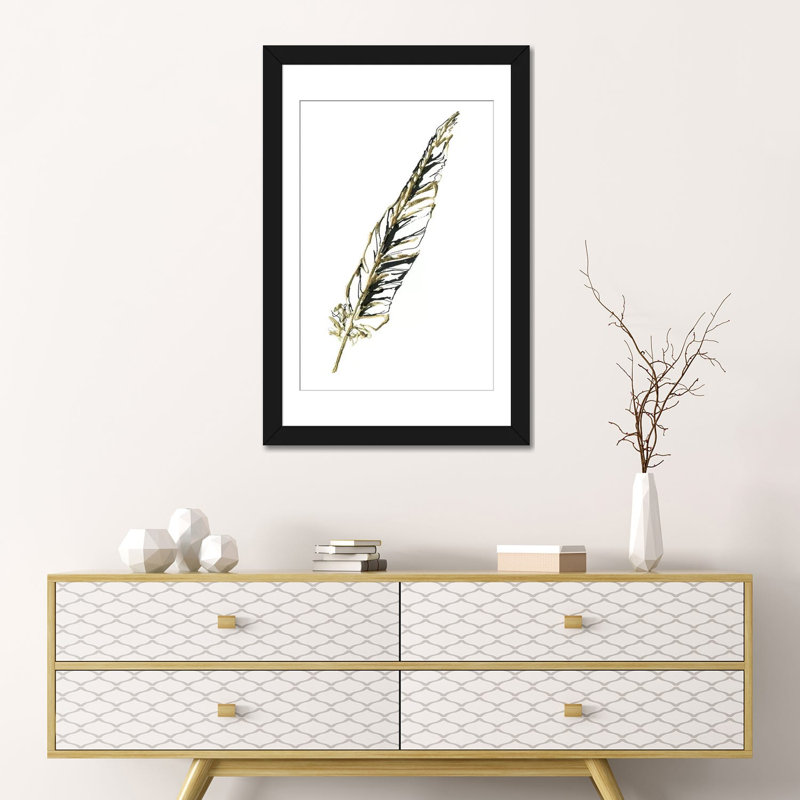 « gilded swan plumes ii », impression sur toile, H 32 po x l 24 po x P 1 po, Papier avec cadre noir, Blanc