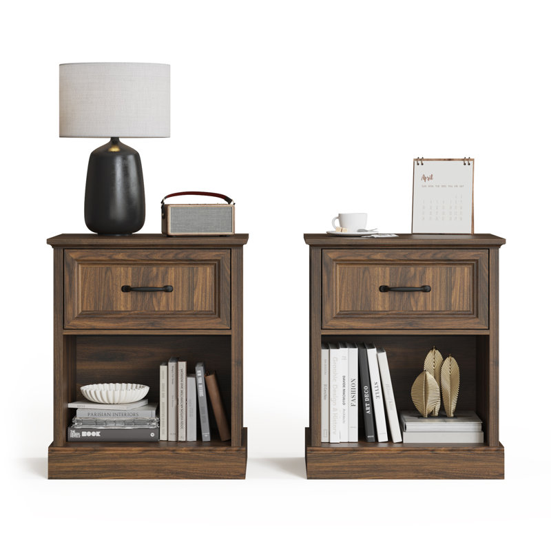 Farmhouse 23.6" 2-Piece Nightstand Set With Open Shelf & Ball Bearing Drawer, Yellow