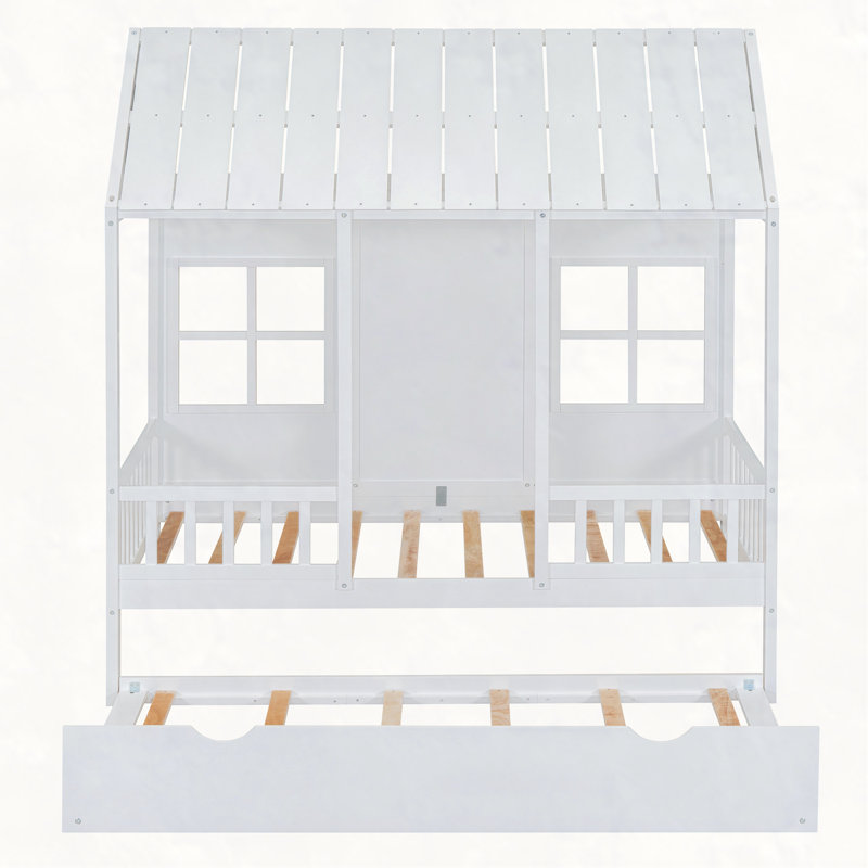 Lit en bois Wood House avec lit gigogne simple, lit de jour en bois, blanc, Simple