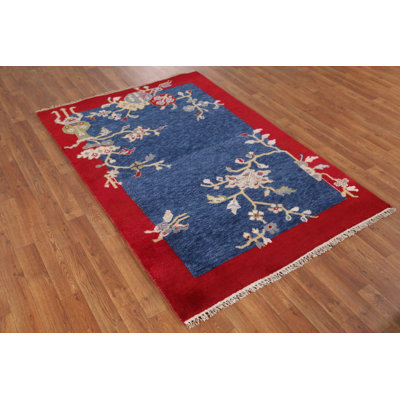 Blue Handmade Art Deco Indian Rug 4x6