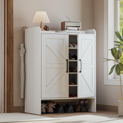 Armoire à chaussures à 5 niveaux avec portes Farmhouse, organisateur de chaussures sur pied mince pour porte d'entrée, tablettes réglables, fermeture magnétique, ensemble anti-basculement, grande et étroite
"