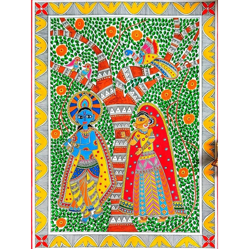 Radha debout et Krishna debout sous l'arbre | Peinture sur papier | Par Anshu Tripathi