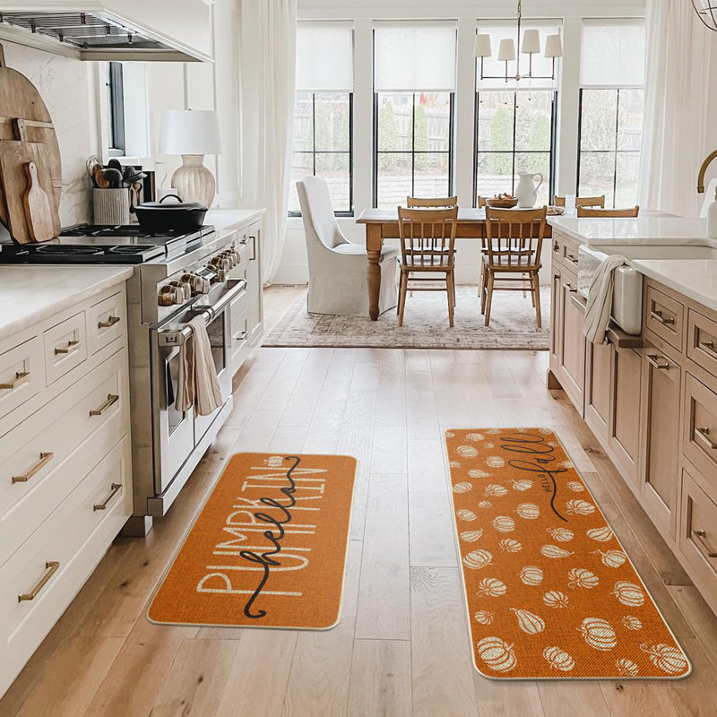 Ensemble de 2 tapis de cuisine orange à motif citrouille Hello, Orange Home Decor, pour profil bas - 17 x 29 et 17 x 47 po