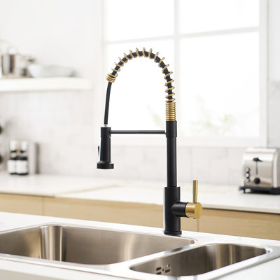 Black Gold Kitchen Faucet With Pull-Out Spray - To Staining, Flexible Water Mode Beige And Pullout Surface Finish, Wide Coverage