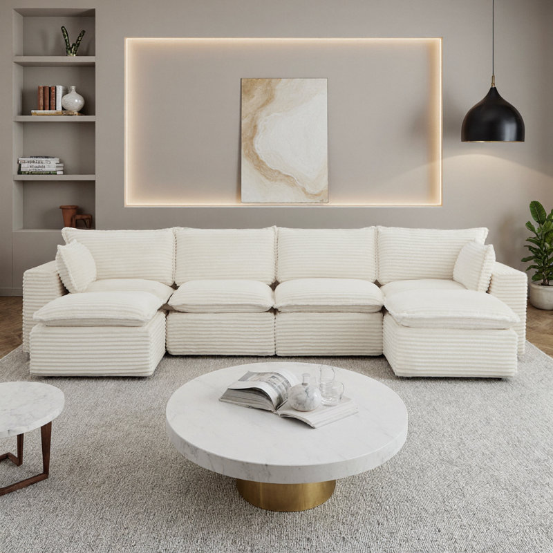 Canapé modulaire en forme de U avec repose-pieds Cloud, velours côtelé noir moelleux, aucun assemblage requis, Blanc
