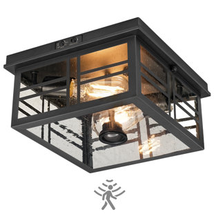 Infrared Sensor Outdoor Ceiling Light, Flush Mount Motion Sensor Ceiling Light, 2-light Black With Bubble Glass