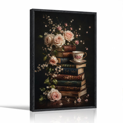 Art mural sur toile, roses roses et fleurs blanches sur une pile d'Halloween rétro