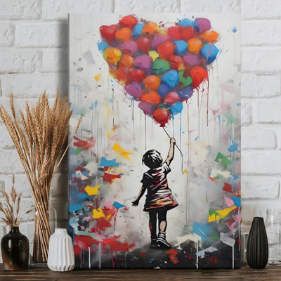 Child with colorful balloons Canvas Wall Art - vibrant abstract painting style. Modern Painting - 1" Deep Gallery Wrapped - 24" x 36"