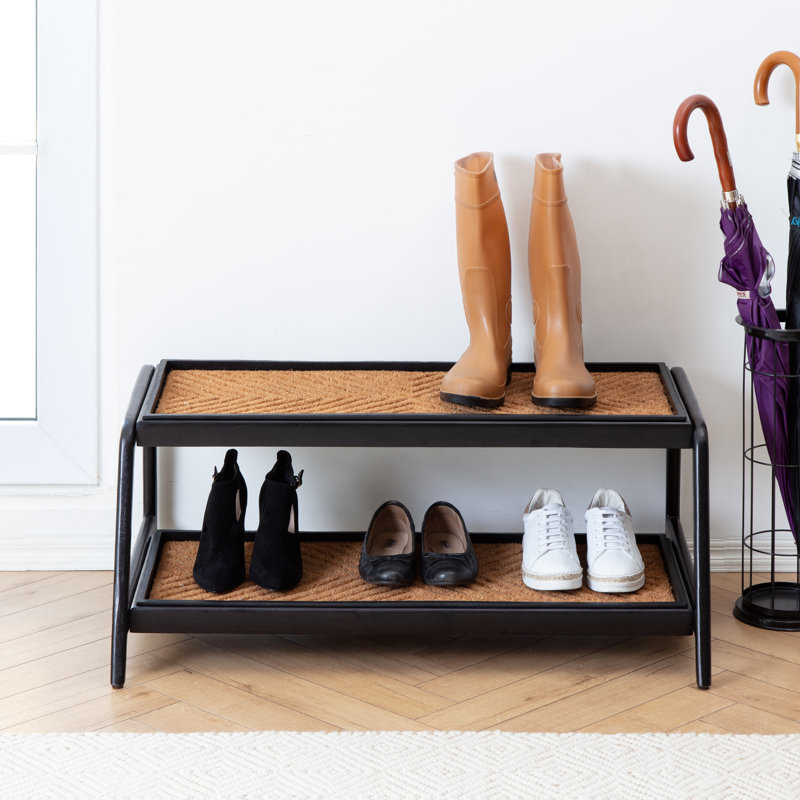 Premium Solid Wood Boot Tray Stand with Natural Coir Mat - Entryway & Mudroom Shoe Organizer, Black, Tier 2, 22" W x 36.5" L