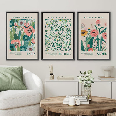 Classical Artwork Paris Florence Seoul Pastel Vibrant Abstract Flower Market Framed Canvas 3 Pieces Print Wall Art