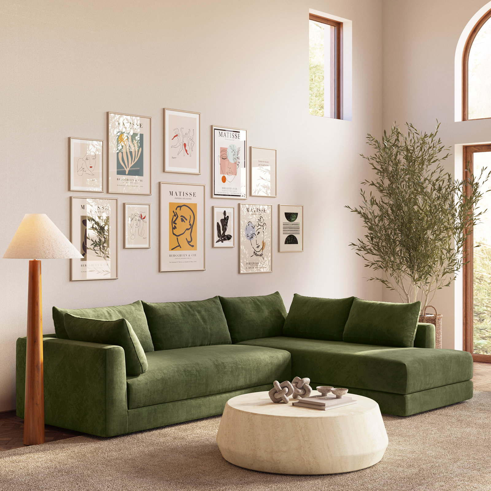 Marcel Velvet Sofa and Chaise, Sagano Green Fabric, Right Hand Facing