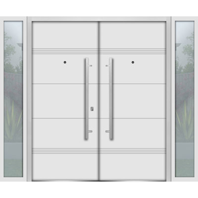Façade avant extérieure double portes en métal / deux en émail blanc 1705/2 fenêtres latérales extérieures latérales noires / entrée moderne à gauche avec porte active 104 po x 80 po