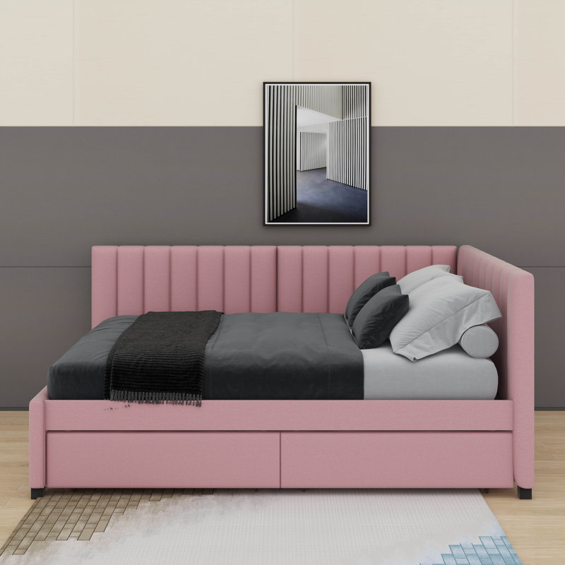 Full Size Upholstered Daybed With 2 Drawers, Pink