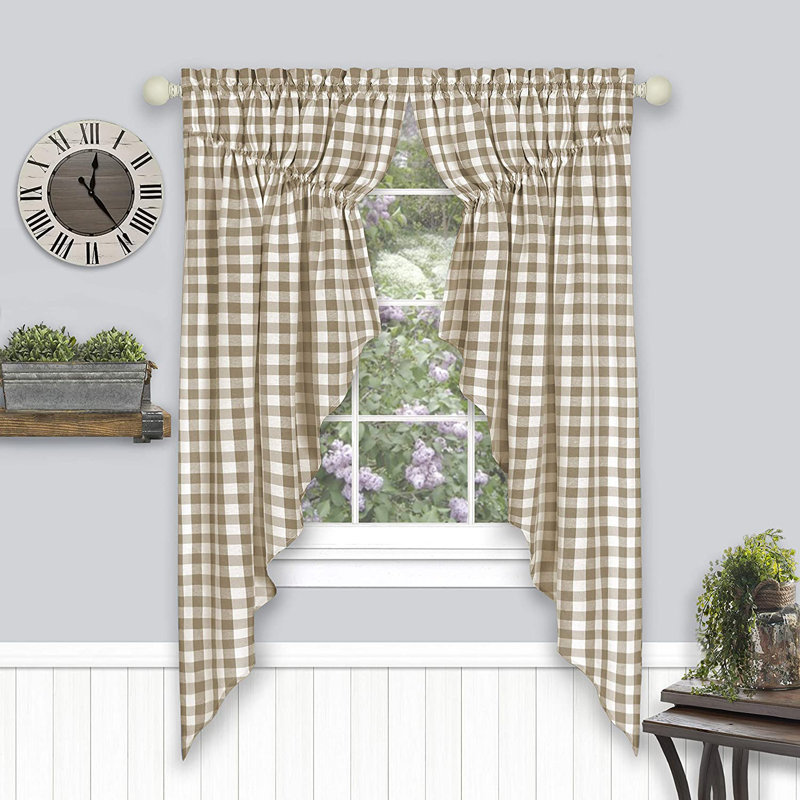Andersonville Buffalo Plaid Gingham Checked Rod Pocket 2-Pack Gathered Window Swag Curtain, Taupe