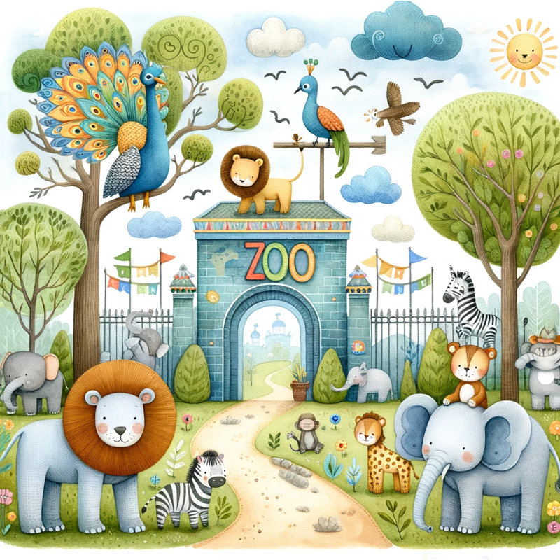 «Sunny Day Safari: Whimsical Zoo Gate», reproduction sur toile, H 12 po x l 12 po