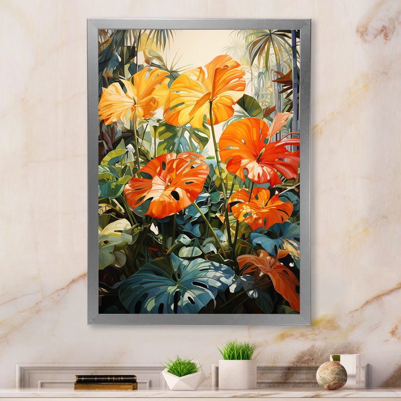 Feuillage tropical orange et vert IV, H 44 po x l 34 po x P 1,5 po, Cadre photo argenté