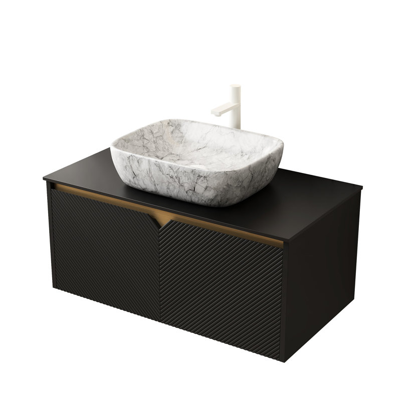 Meuble-lavabo mural en contreplaqué noir de 36 po avec pierre frittée, sans lavabo, robinet, fermeture en douceur pour portes silencieuses