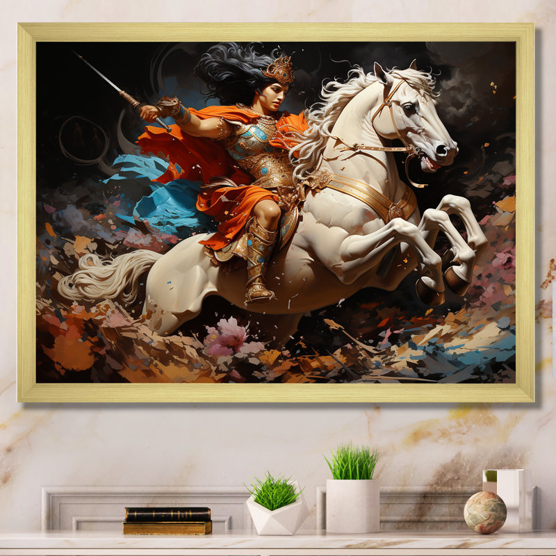 Hindou Arjunas champ de bataille indien Expression I - Art mural indien, Cadre doré simple, H 30 po x l 40 po x P 1,5 po