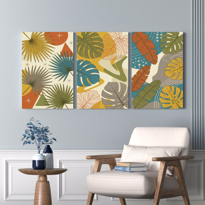 Ensemble de 3 tableaux abstraits modernes sur toile, motif de feuilles tropicales et de palmes.